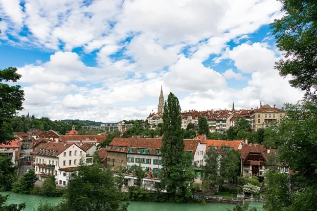 A landscape of the Bern city in Switzerland with the cathedral visible
