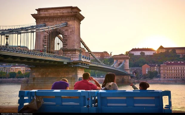 Budapest, Hungary, Chain Bridge At Sunset Chain bridge at sunset from the right bank of Danube, 2012 Budapest (8082258970)