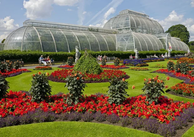 Flowers in front of the Palm House, Kew Gardens